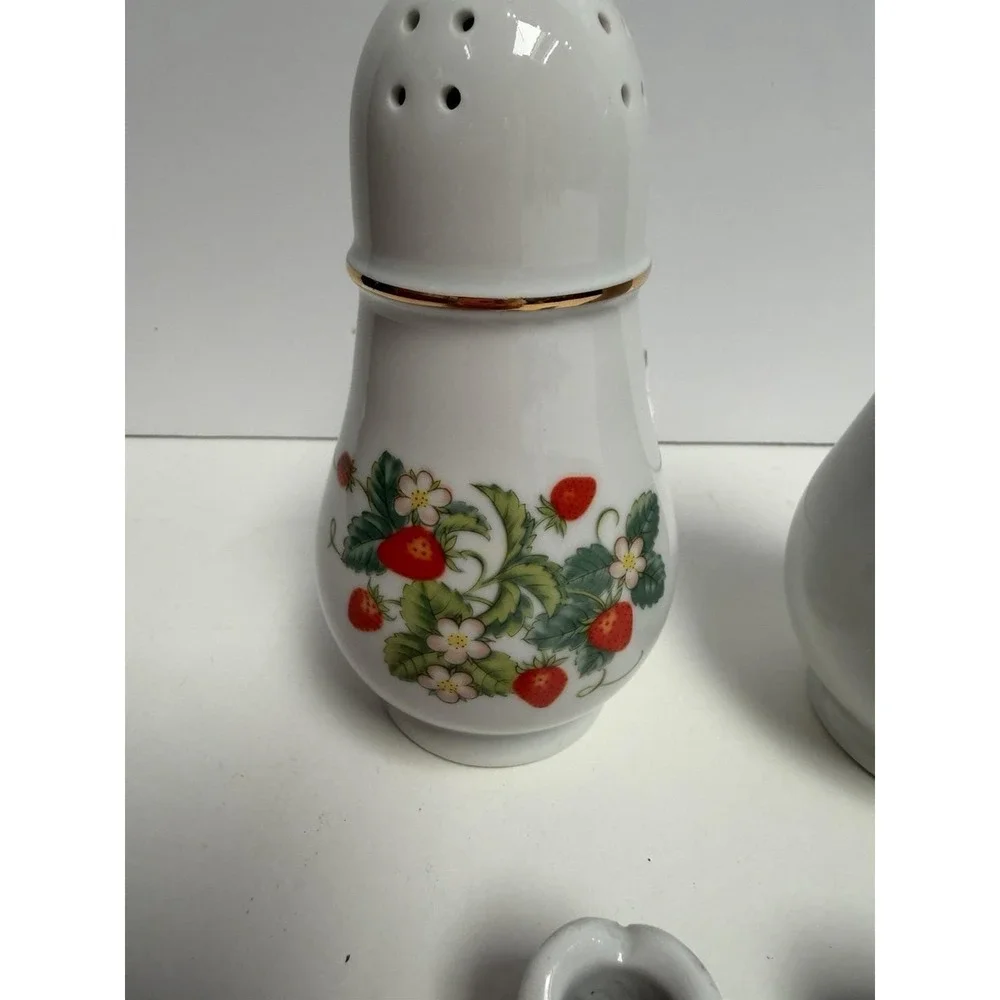 Vintage Avon Strawberry Sugar Shakers  22K gold Trim‎ + German Toothpick Holders